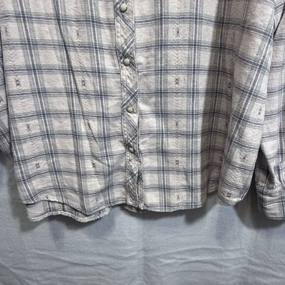 XIRENA Plaid Jensen Flannel  Top Size L Oversized Boxy Pearl Snap Ruffle Neck - Picture 9 of 13